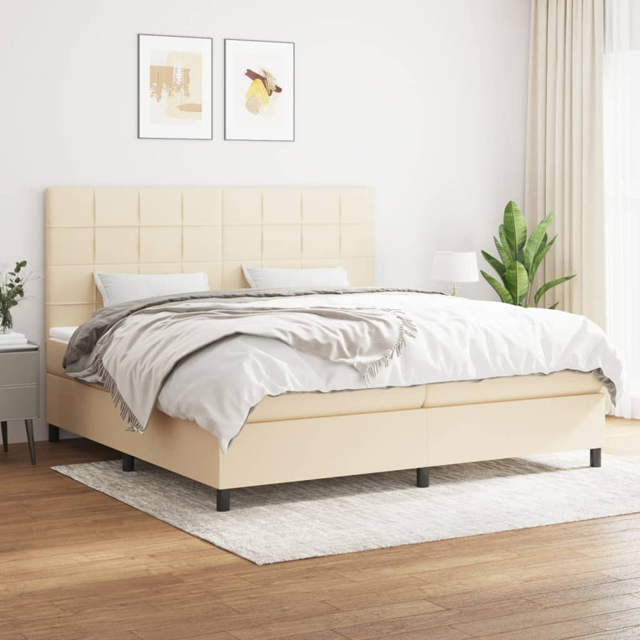 Boxspring Met Matras Stof Kleurig Crème 200 x 200 cm Blok met vierkanten