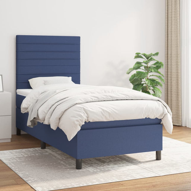 Boxspring Met Matras Stof Blauw 90X190 Cm Blauw 90 x 190 cm Horizontale strepen