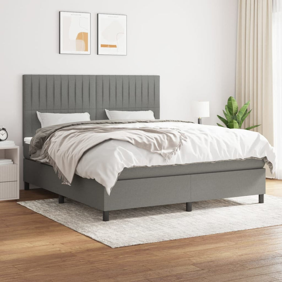 Boxspring Met Matras Stof Donkergrijs 160 x 200 cm Verticale strepen