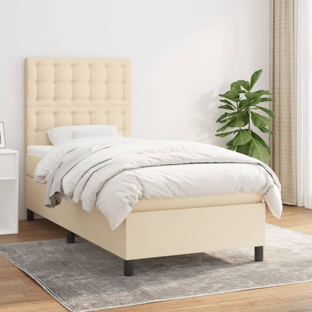 Boxspring Met Matras Stof Crèmekleurig 90X200 Cm Crème 90 x 200 cm Knopen