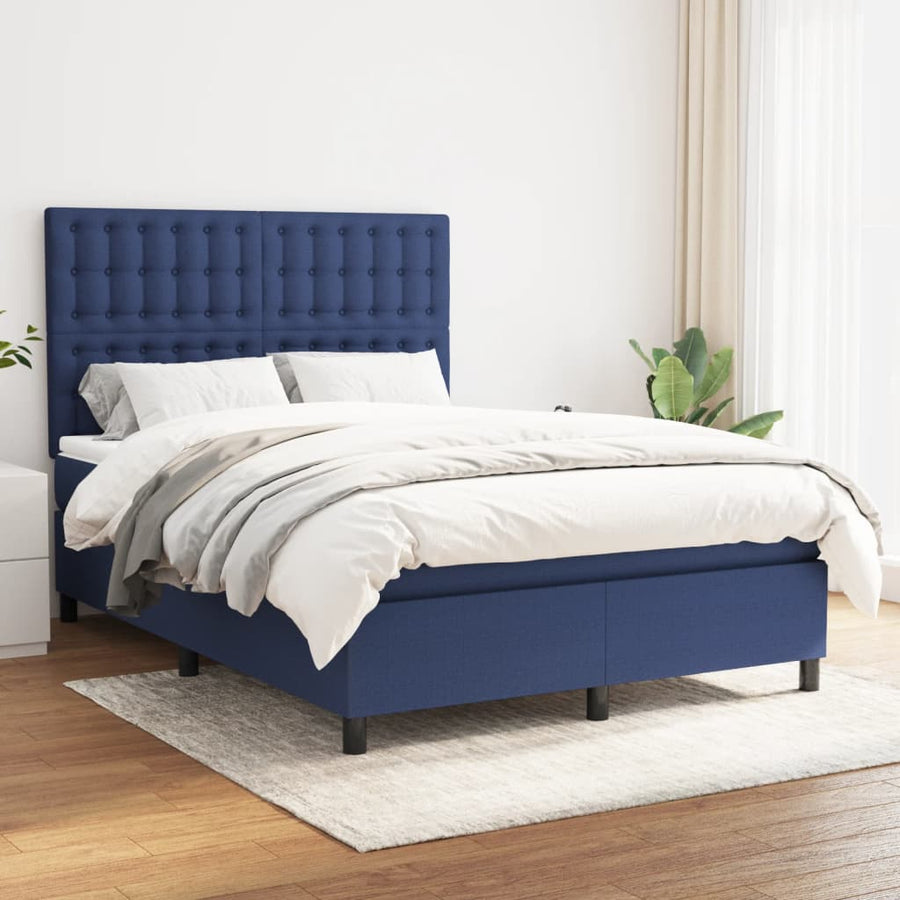 Boxspring Met Matras Stof Blauw 140 x 190 cm Knopen