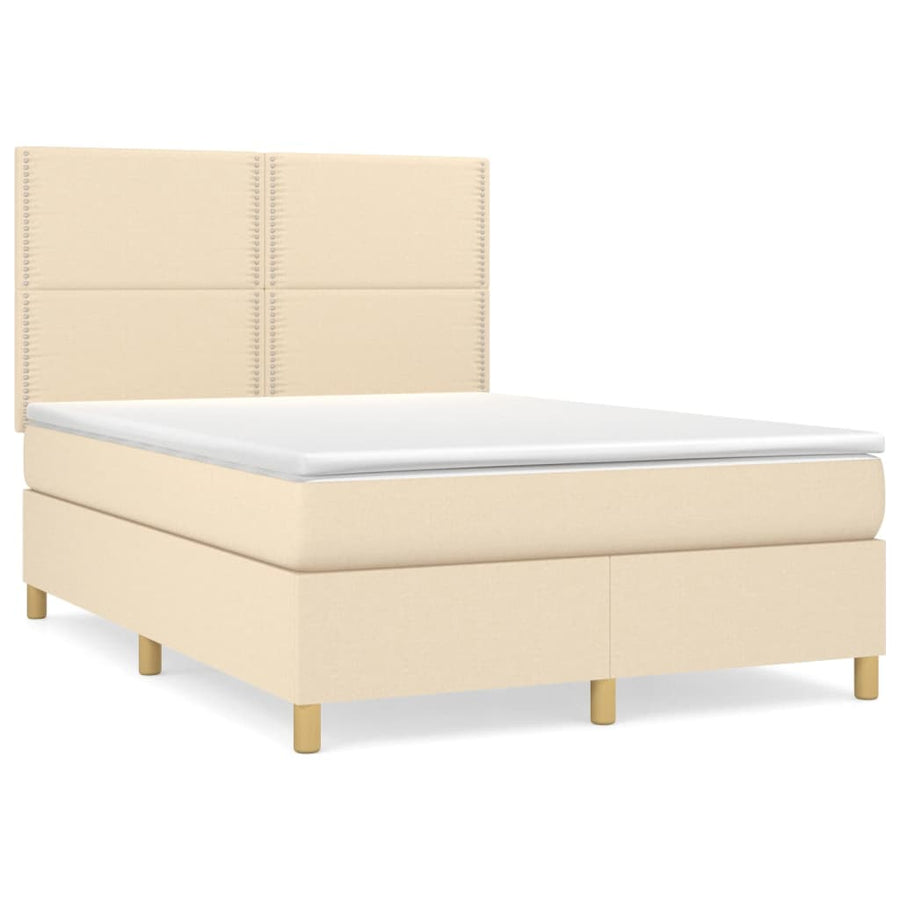 Boxspring met matras stof crèmekleurig 140x200 cm 140 x 200 cm Effen met spijkers