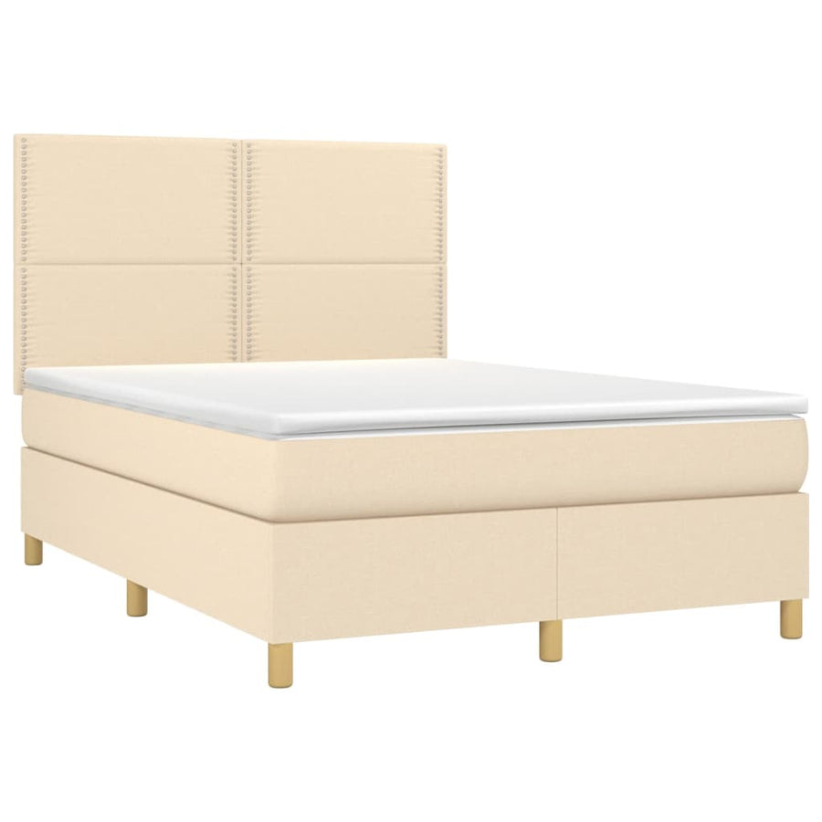 Boxspring met matras stof crèmekleurig 140x200 cm 140 x 200 cm Effen met spijkers