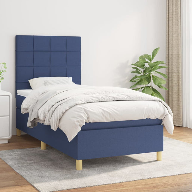 Boxspring Met Matras Stof Blauw 90 x 190 cm Blok met vierkanten