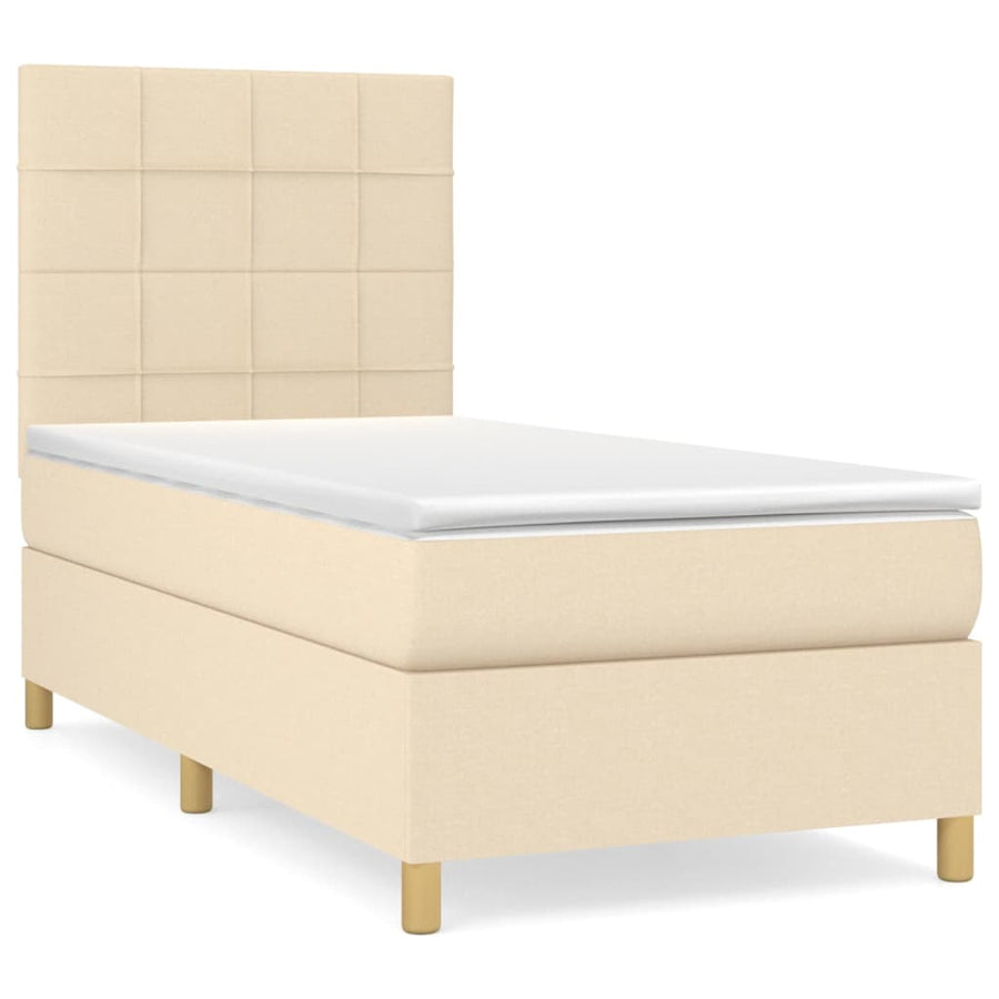 Boxspring met matras stof crèmekleurig 100x200 cm 100 x 200 cm Blok met vierkanten