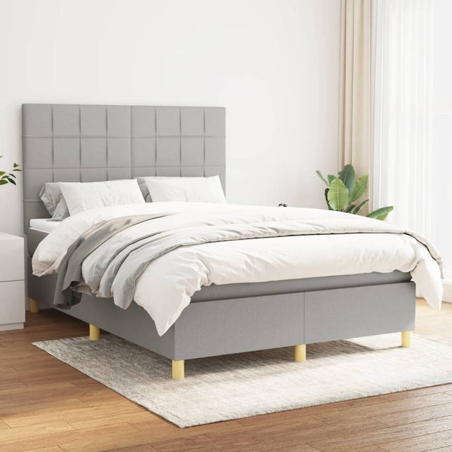 Boxspring Met Matras Stof Lichtgrijs 140 x 190 cm Blok met vierkanten