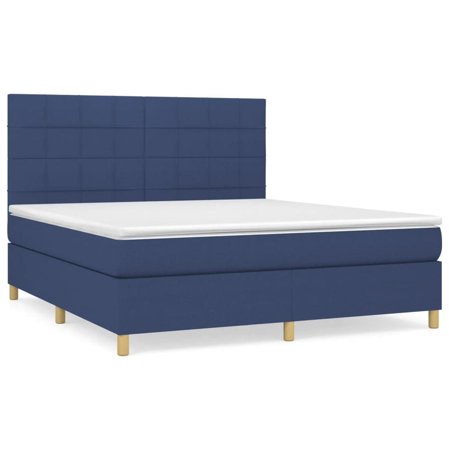 Boxspring Met Matras Stof Blauw 160 x 200 cm Blok met vierkanten