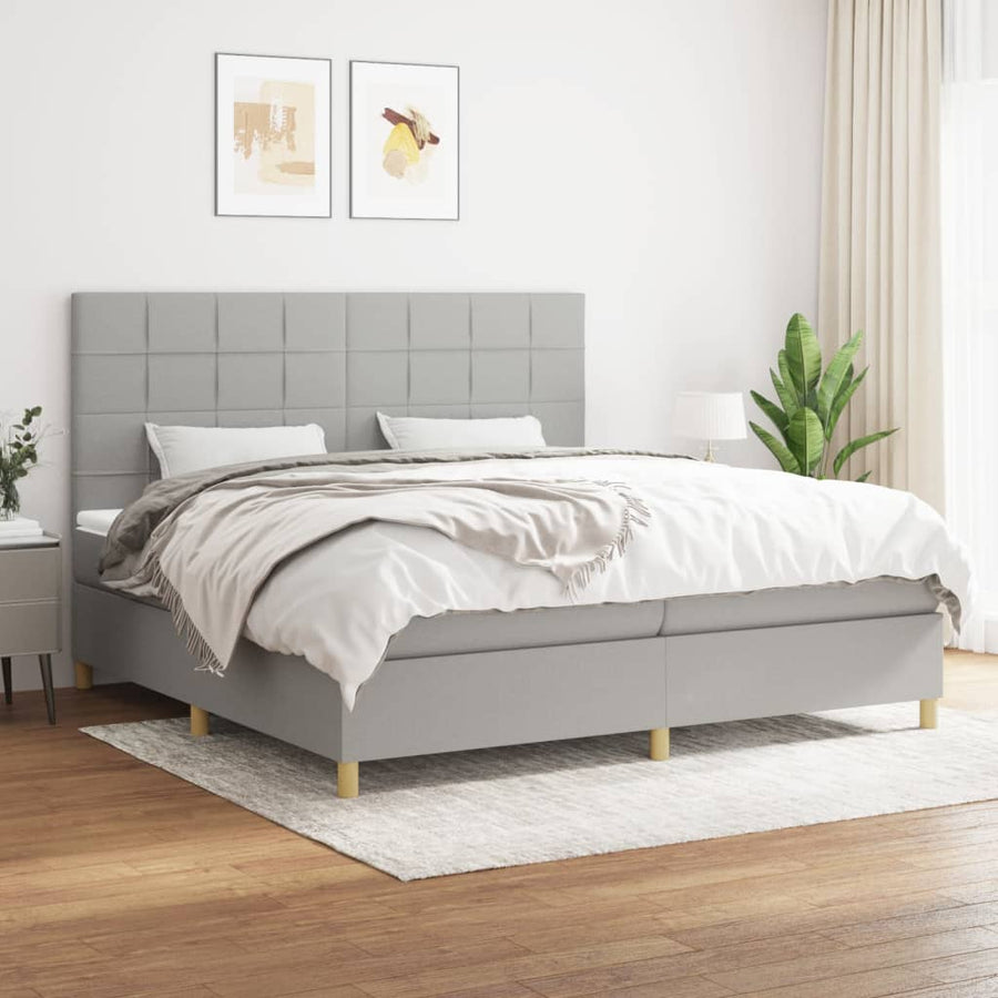 Boxspring Met Matras Stof Lichtgrijs 200 x 200 cm Blok met vierkanten