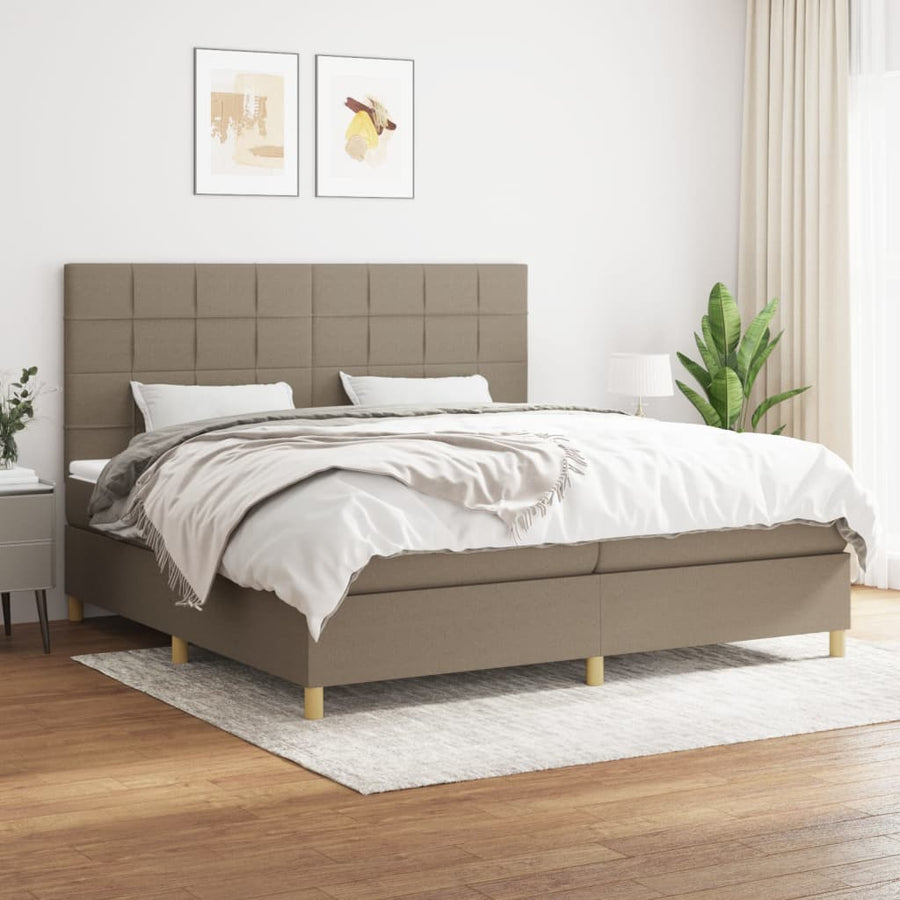Boxspring Met Matras Stof Taupe 200 x 200 cm Blok met vierkanten