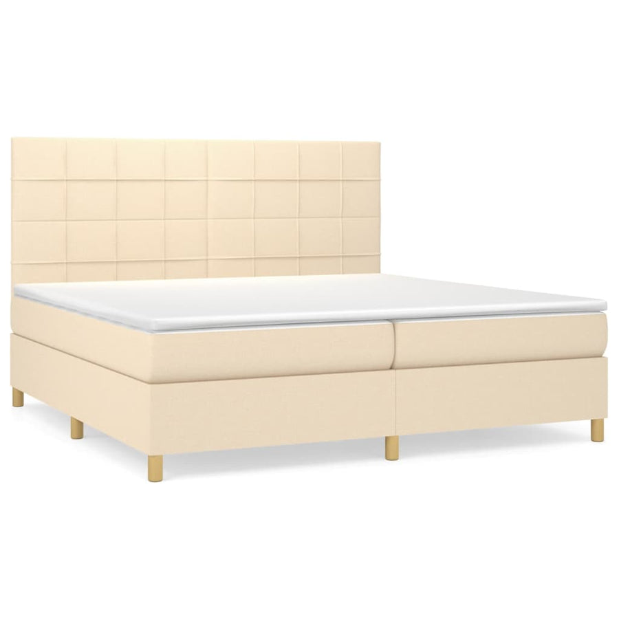 Boxspring met matras stof crèmekleurig 200x200 cm 200 x 200 cm Blok met vierkanten