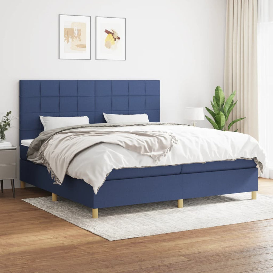 Boxspring Met Matras Stof Blauw 200 x 200 cm Blok met vierkanten