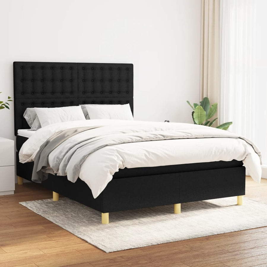 Boxspring Met Matras Stof Zwart 140 x 200 cm Knopen