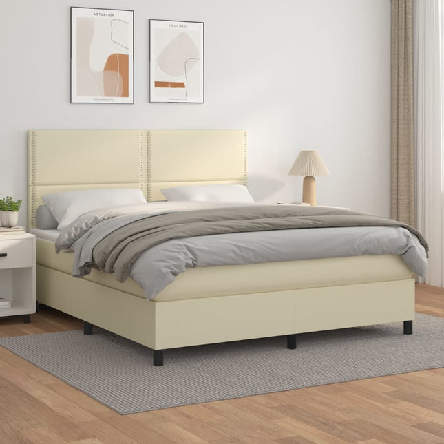 Boxspring met matras kunstleer crèmekleurig 180x200 cm 180 x 200 cm Effen met spijkers