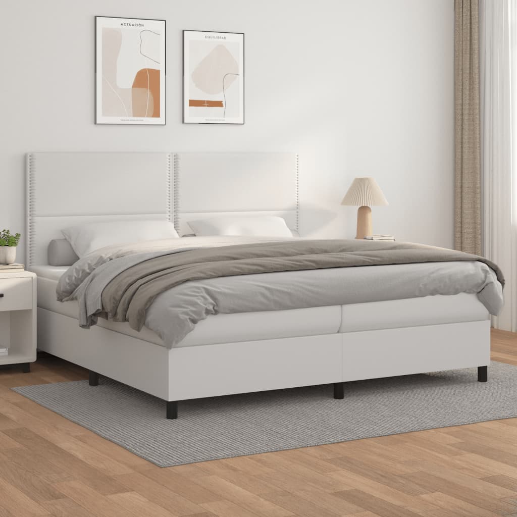 Boxspring Met Matras Kunstleer Wit 200 x 200 cm Effen met spijkers