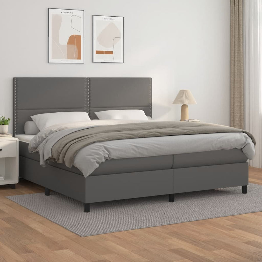 Boxspring Met Matras Kunstleer Grijs 200 x 200 cm Effen met spijkers