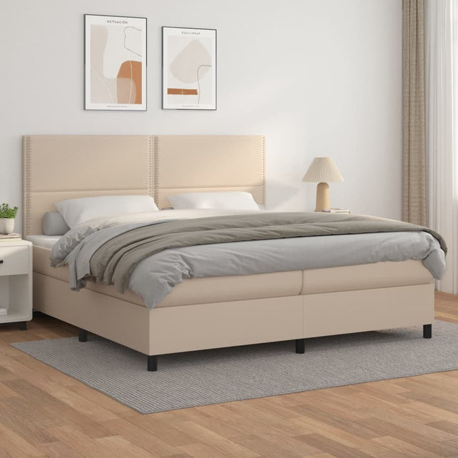 Boxspring met matras kunstleer cappuccinokleurig 200x200 cm 200 x 200 cm Effen met spijkers