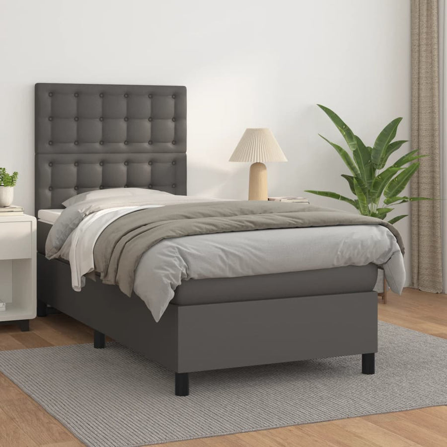 Boxspring Met Matras Kunstleer Grijs 90 x 190 cm Knopen