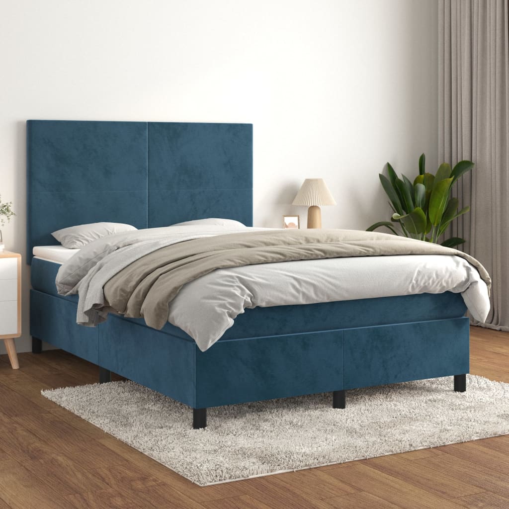 Boxspring Met Matras Fluweel Donkerblauw 140 x 190 cm Effen ontwerp