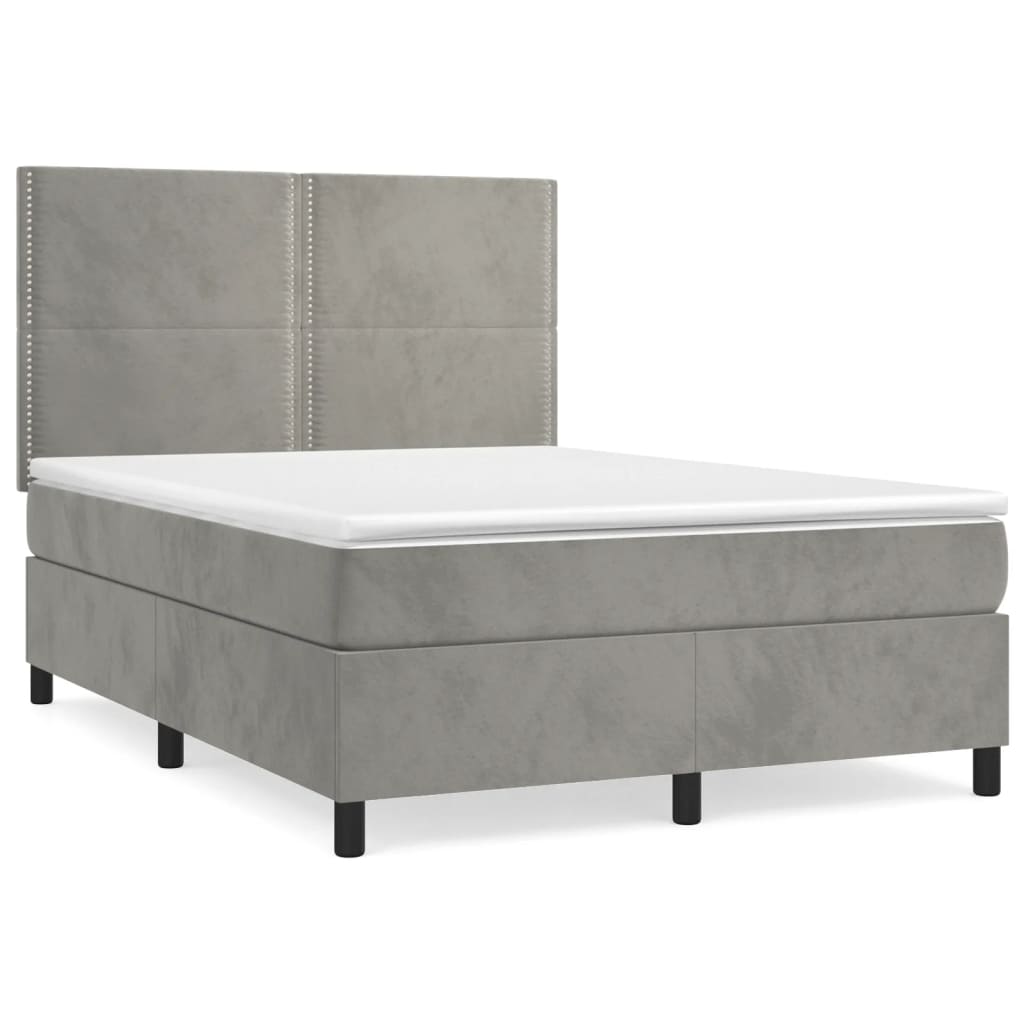 Boxspring Met Matras Fluweel Lichtgrijs 140 x 200 cm Effen met spijkers