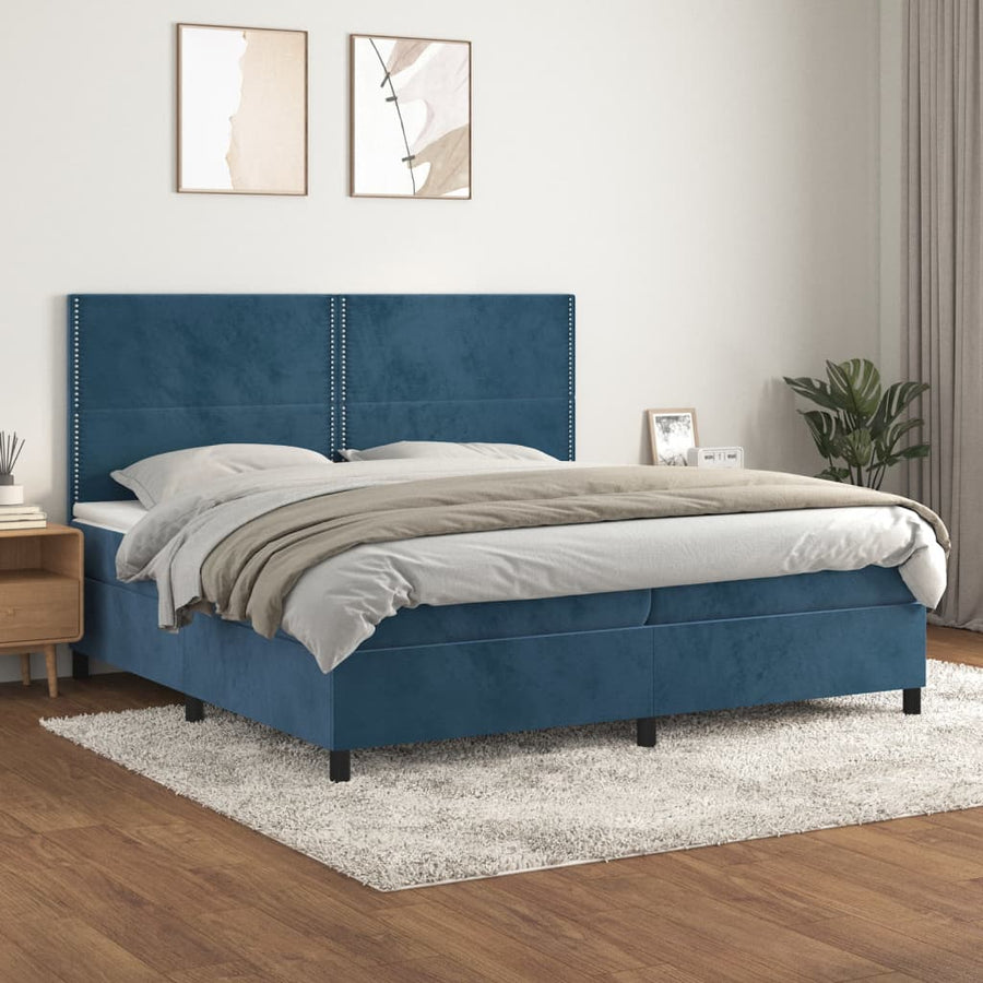 Boxspring met matras fluweel donkerblauw 200x200 cm 200 x 200 cm Effen met spijkers