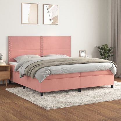Boxspring Met Matras Fluweel Roze 200 x 200 cm Effen met spijkers