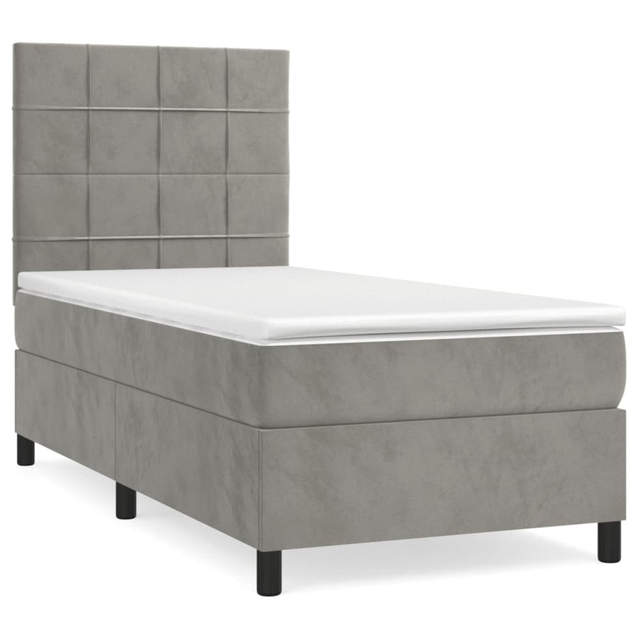 Boxspring Met Matras Fluweel Lichtgrijs 90 x 190 cm Blok met vierkanten