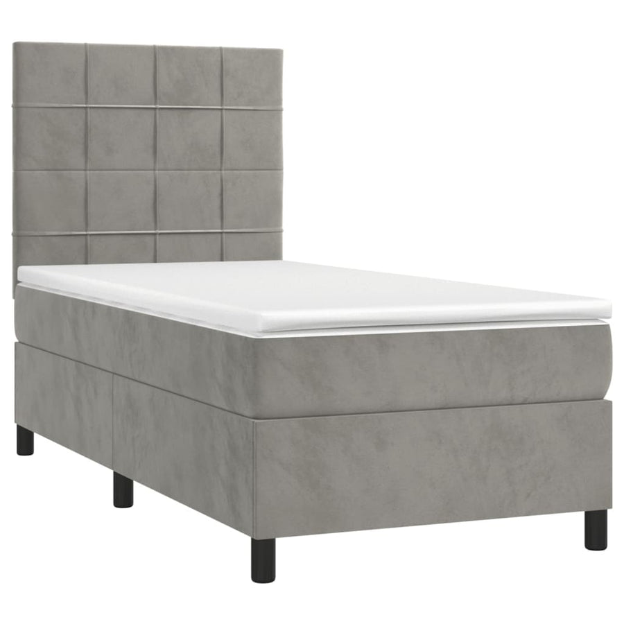 Boxspring Met Matras Fluweel Lichtgrijs 90 x 190 cm Blok met vierkanten