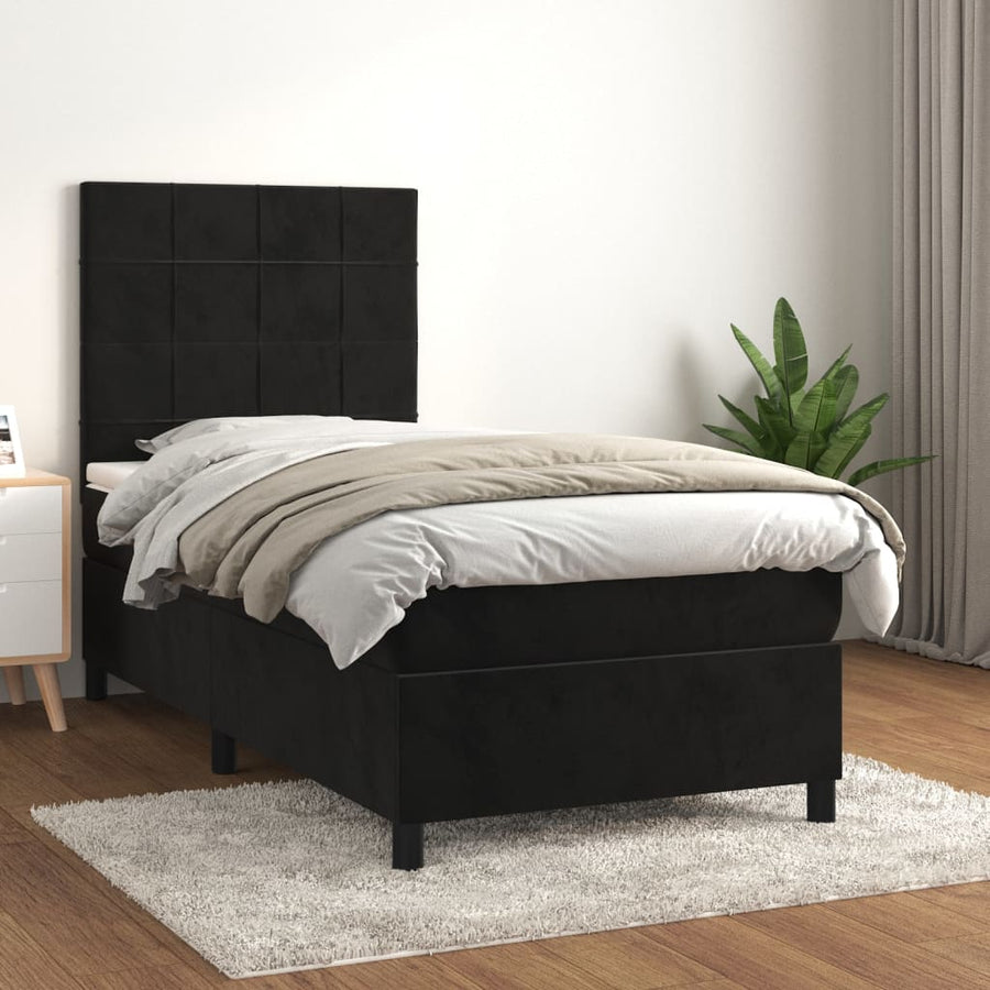 Boxspring Met Matras Fluweel Zwart 90 x 190 cm Blok met vierkanten