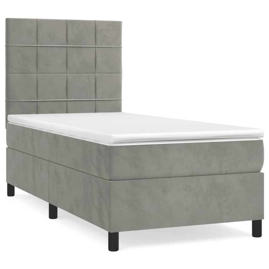 Boxspring Met Matras Fluweel Lichtgrijs 90 x 200 cm Blok met vierkanten
