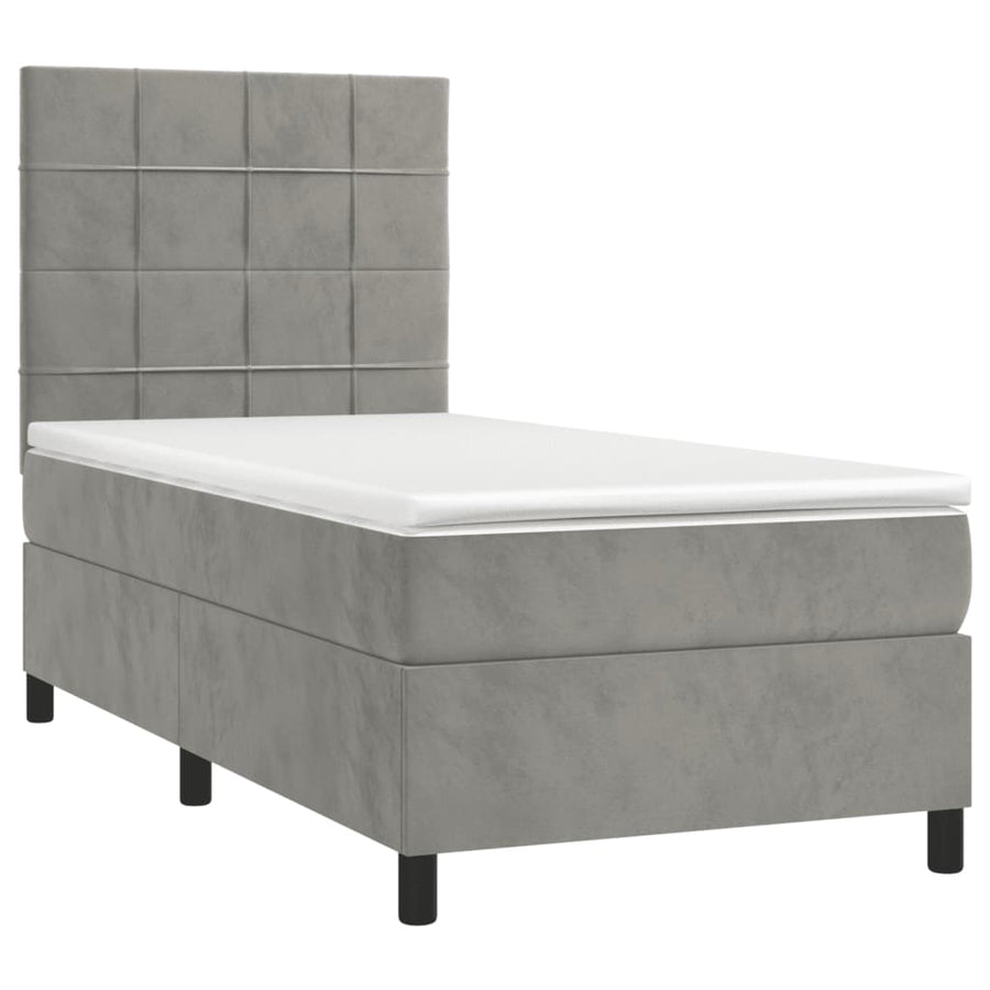 Boxspring Met Matras Fluweel Lichtgrijs 90 x 200 cm Blok met vierkanten