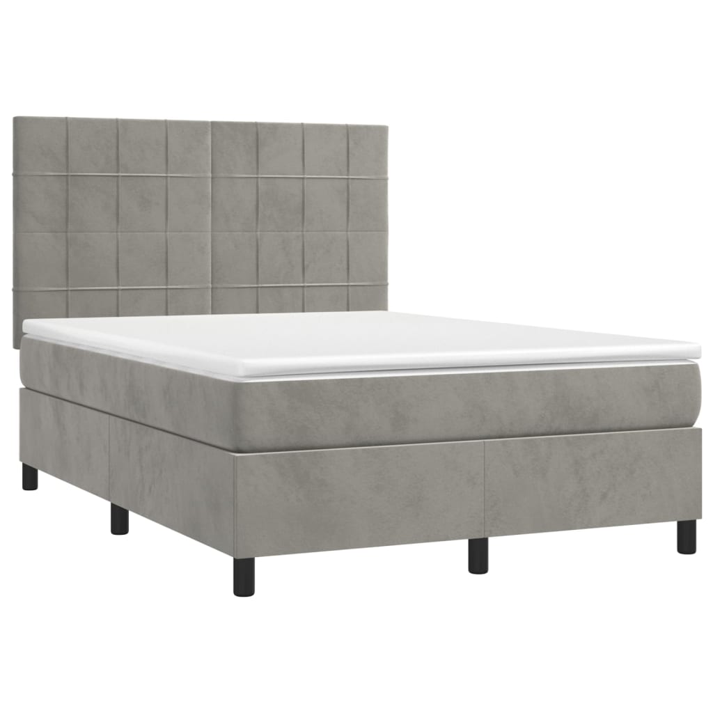 Boxspring Met Matras Fluweel Lichtgrijs 140 x 190 cm Blok met vierkanten