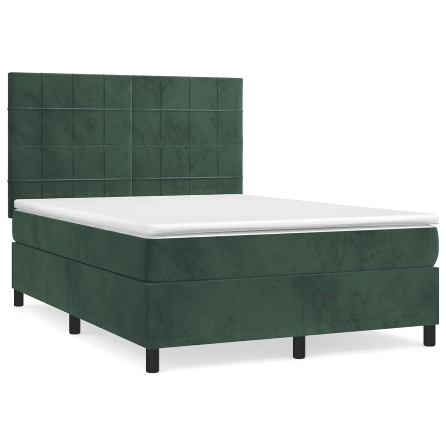 Boxspring Met Matras Fluweel Donkergroen 140 x 190 cm Blok met vierkanten
