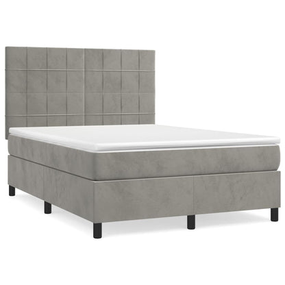 Boxspring Met Matras Fluweel Lichtgrijs 140 x 200 cm Blok met vierkanten