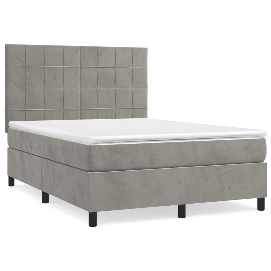 Boxspring Met Matras Fluweel Lichtgrijs 140 x 200 cm Blok met vierkanten