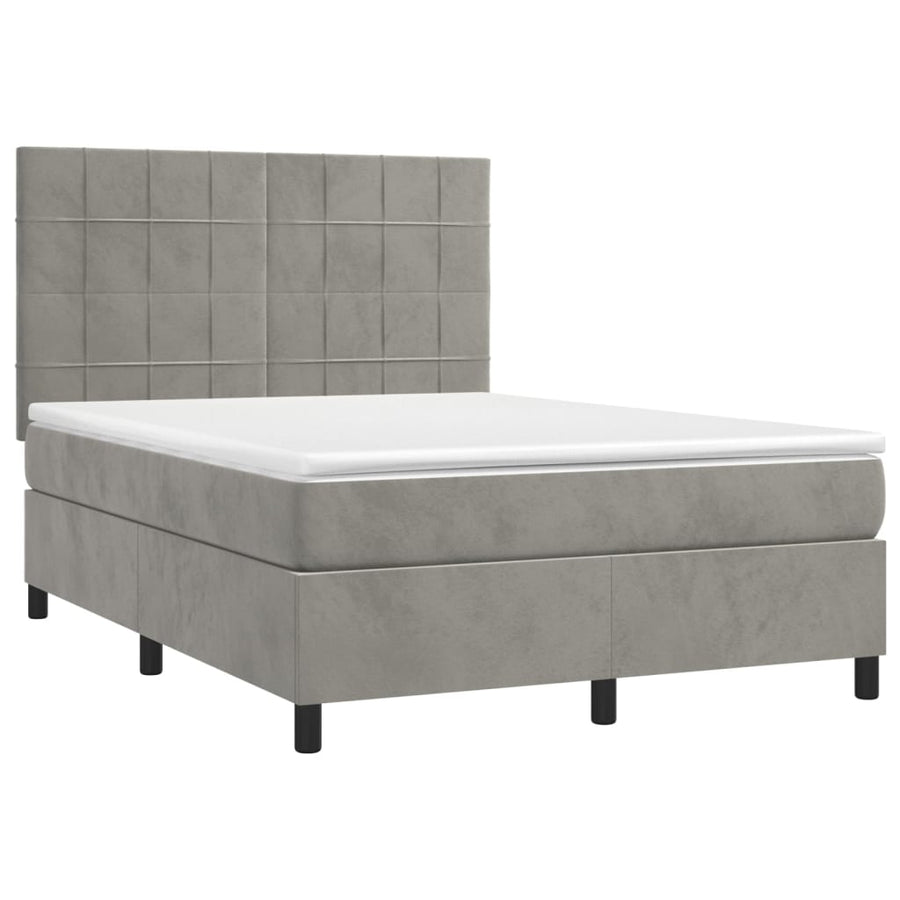 Boxspring Met Matras Fluweel Lichtgrijs 140 x 200 cm Blok met vierkanten