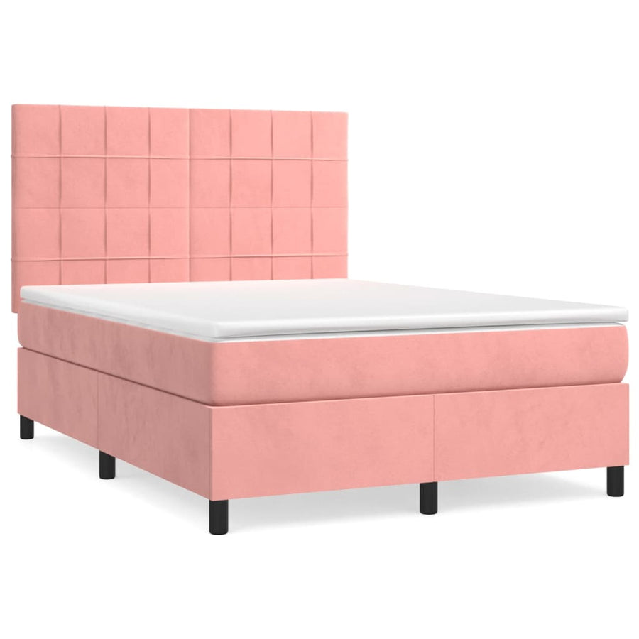 Boxspring Met Matras Fluweel Roze 140 x 200 cm Blok met vierkanten
