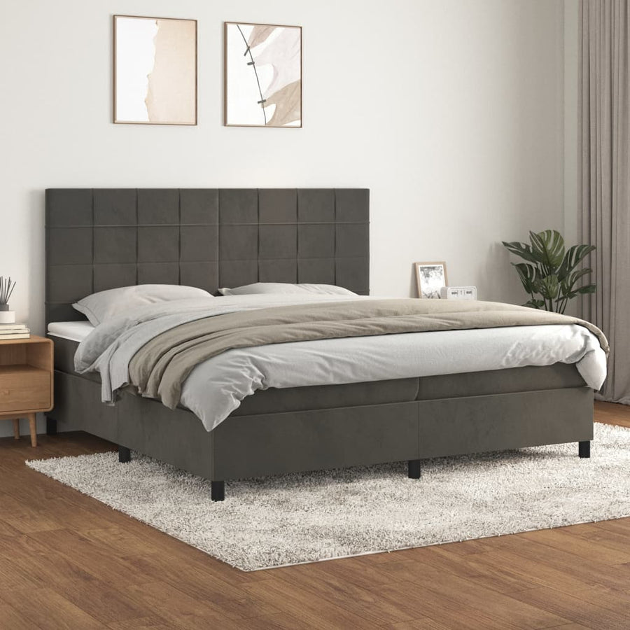 Boxspring Met Matras Fluweel Donkergrijs 200 x 200 cm Blok met vierkanten