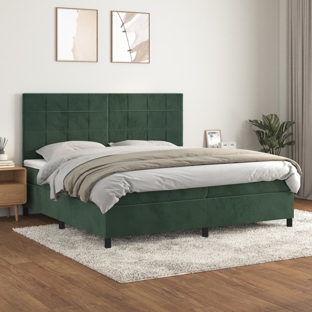 Boxspring met matras fluweel donkergroen 200x200 cm 200 x 200 cm Blok met vierkanten