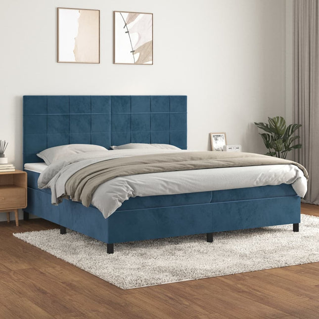 Boxspring met matras fluweel donkerblauw 200x200 cm 200 x 200 cm Blok met vierkanten