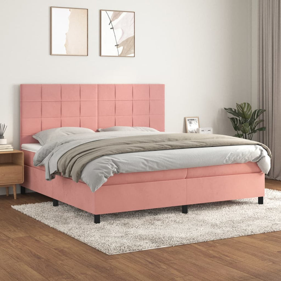 Boxspring Met Matras Fluweel Roze 200 x 200 cm Blok met vierkanten