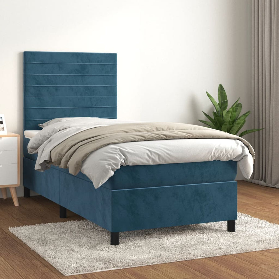 Boxspring Met Matras Fluweel Donkerblauw 90 x 190 cm Horizontale strepen