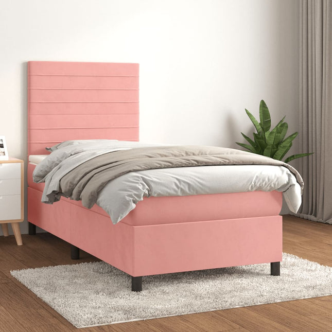 Boxspring Met Matras Fluweel Roze 90 x 200 cm Horizontale strepen