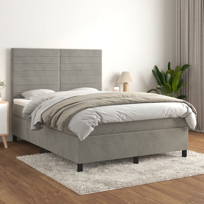 Boxspring Met Matras Fluweel Lichtgrijs 140 x 200 cm Horizontale strepen