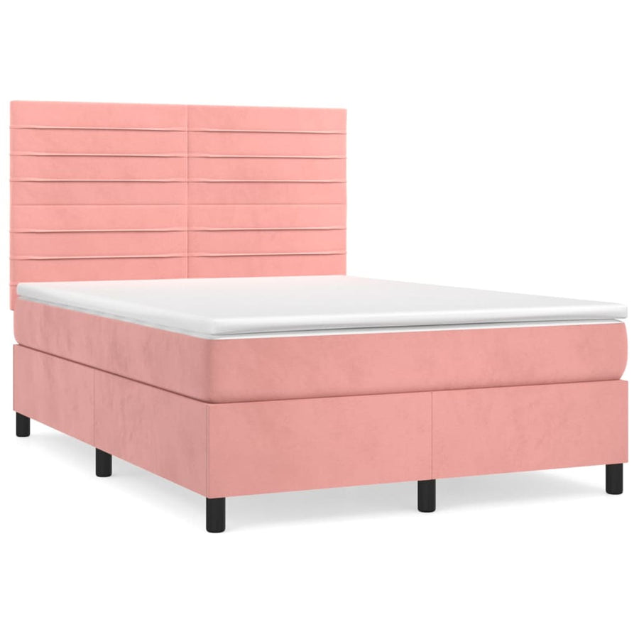 Boxspring Met Matras Fluweel Roze 140X200 Cm Roze 140 x 200 cm Horizontale strepen
