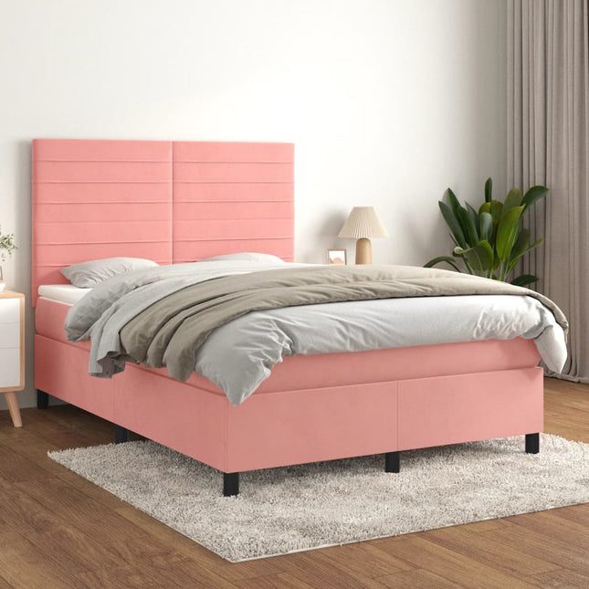 Boxspring Met Matras Fluweel Roze 140X200 Cm Roze 140 x 200 cm Horizontale strepen