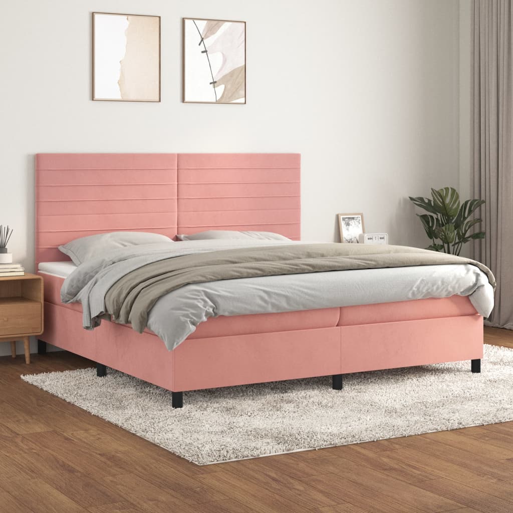 Boxspring Met Matras Fluweel Roze 200 x 200 cm Horizontale strepen