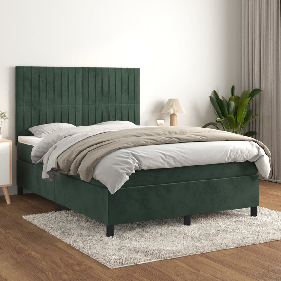 Boxspring Met Matras Fluweel Donkergroen 140 x 200 cm Verticale strepen
