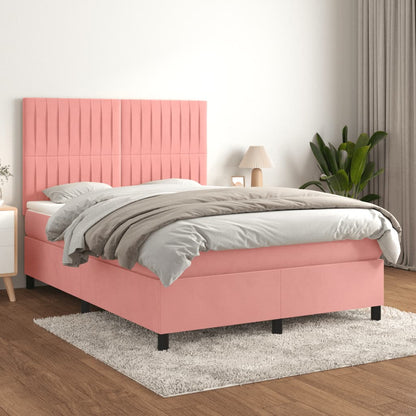 Boxspring Met Matras Fluweel Roze 140 x 200 cm Verticale strepen