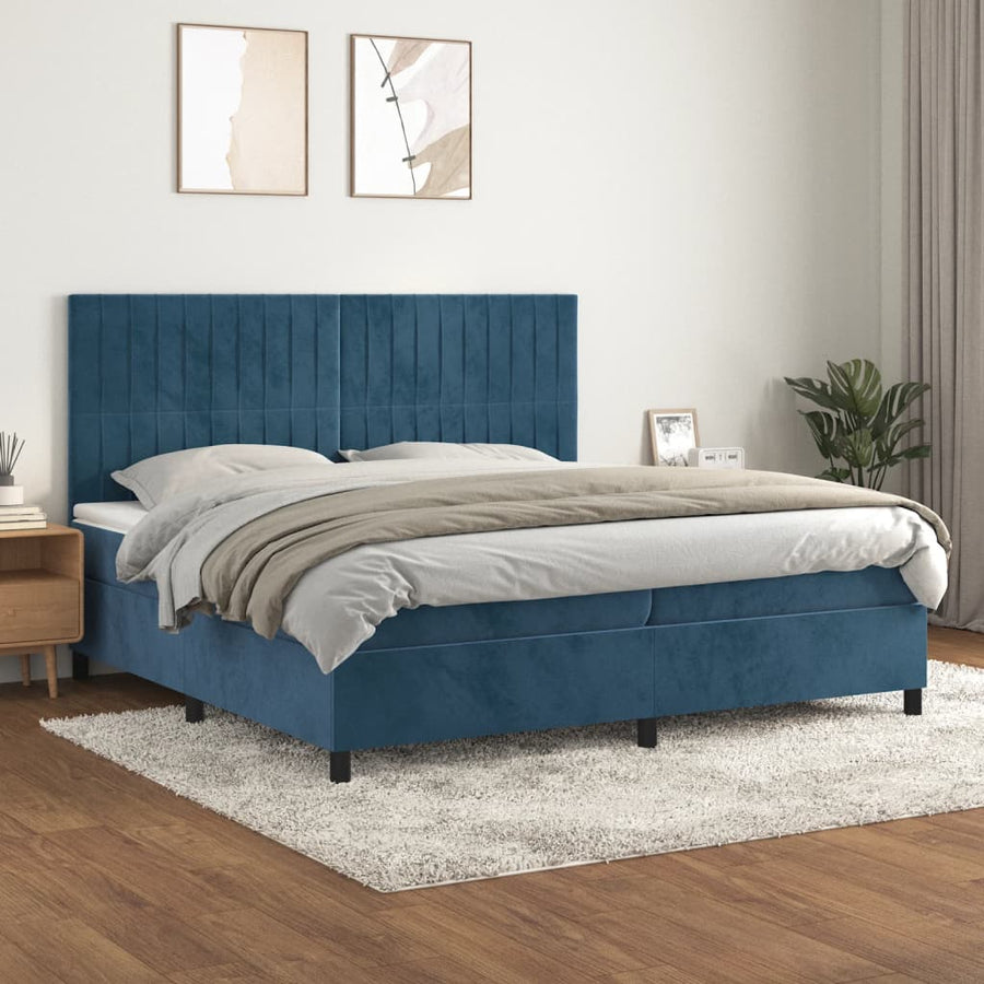 Boxspring Met Matras Fluweel Donkerblauw 200 x 200 cm Verticale strepen