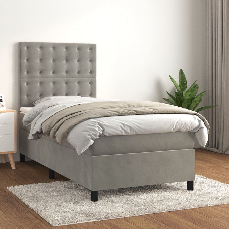 Boxspring Met Matras Fluweel Lichtgrijs 90 x 190 cm Knopen